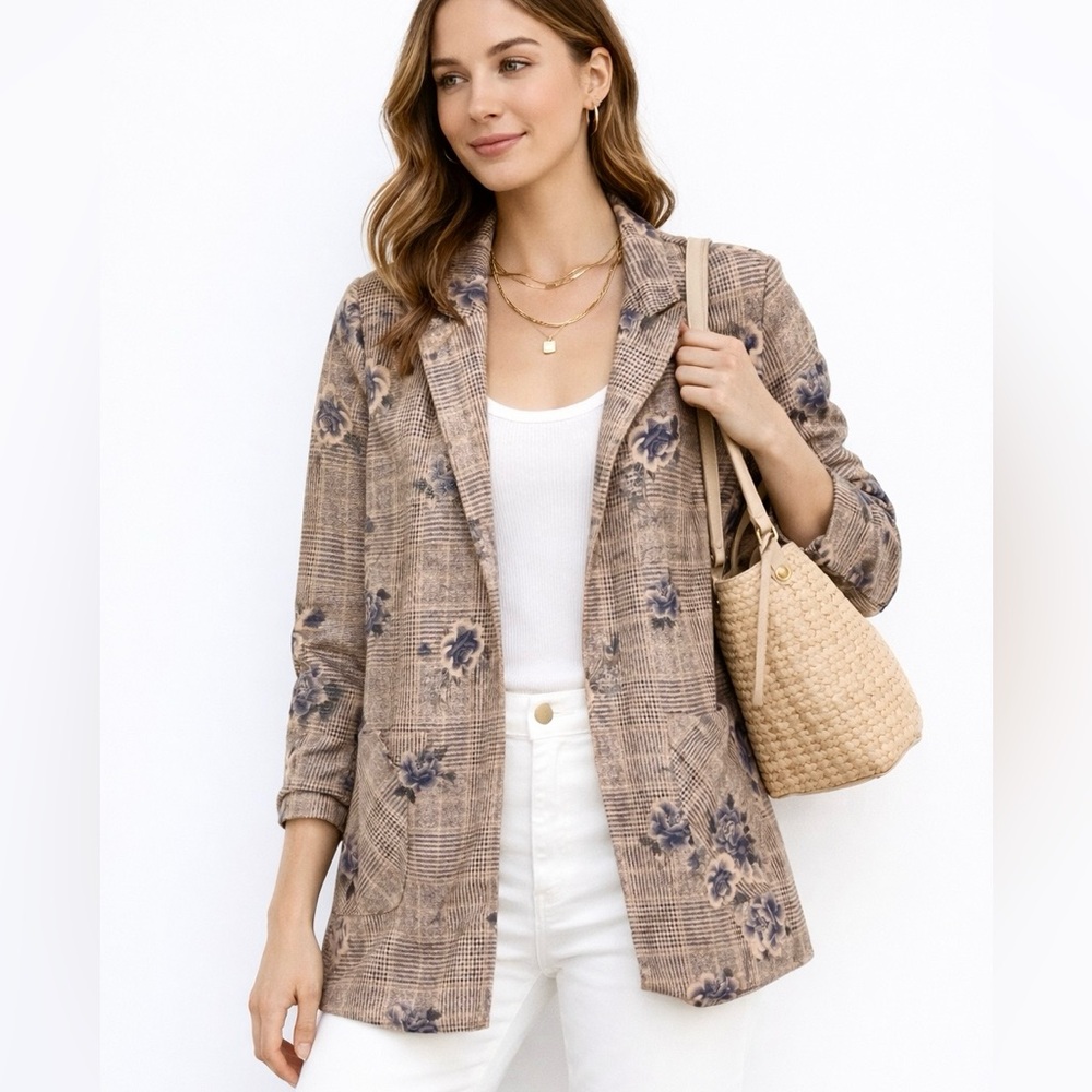 Solitaire | Brown & Tan Floral & Houndstooth Checkered long Mirco Suede Jacket